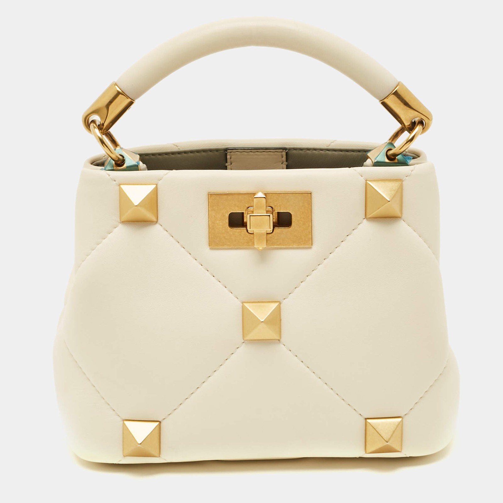 Valentino Roman Stud Small Off White Quilted Leather Top Handle Bag