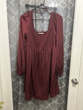 Motherhood Maternity Smocked Dress L 🤰🍒 Burgundy Long Sleeve Square Neck Flowy