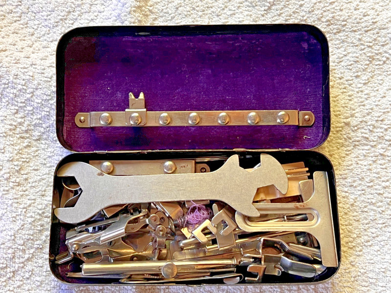 Vintage GREIST (Singer) Sewing Machine Attachments, Etc. In Tin Box