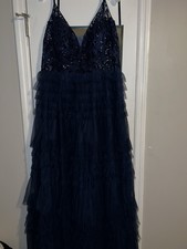 Navy / Marine Blue Sequin Lace Sleeveless Ruffle Evening Gown