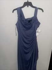 Alex Evenings Women's Cold-Shoulder Draped Glitter Gown in Dusty Blue Size 8 NWT
