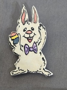 Hand Painted Wooden Easter Bunny Lapel Pin Brooch Purple Bow Tie Cute Gift 1.5"