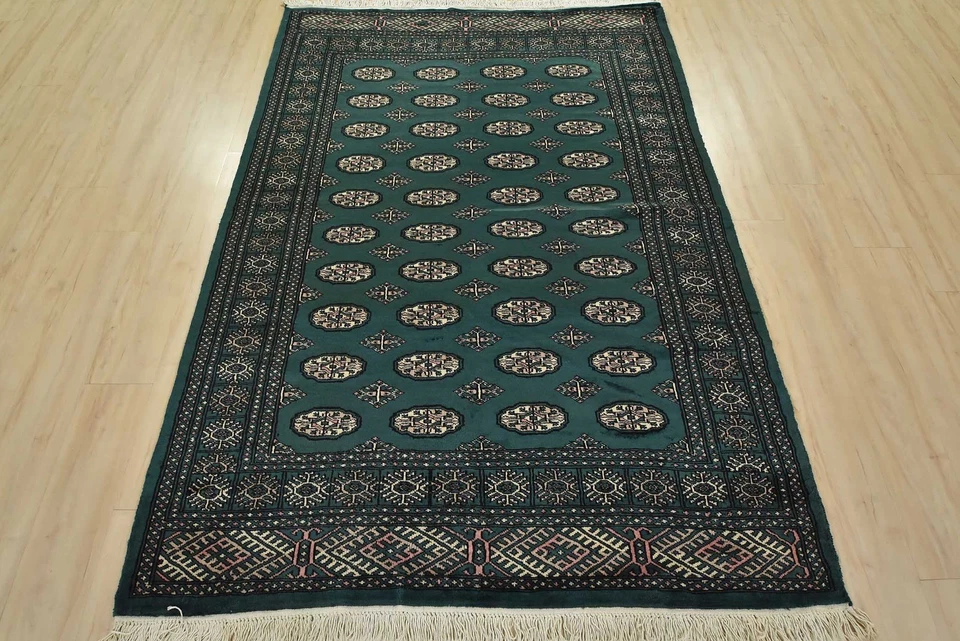 Alfombra Bokhara 5’4” x 7’8” Verde Lana Tribal Anudada a Mano Alfombra Oriental Foto 3 de 4