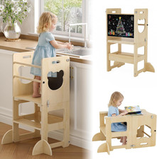 4-In-1 Toddler Kitchen Step Stool, Foldable Toddler Tower with Blackboard, Woode