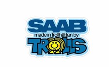 SAAB MADE IN TROLLHATTAN BY TROLLS BLUE STICKERS STANDARD CLEAR REVERSE x2