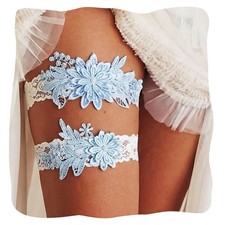Bride Wedding Garter Blue Lace Floral Garters Stretch Leg Set Bridal Accessories