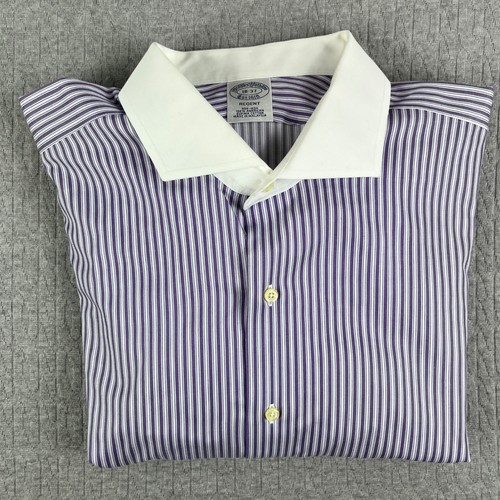 Brooks Brothers Vestito Camicia Uomo 2XL 18-37 Viola Righe Reggente Supima Non Ferro - Foto 11 di 11