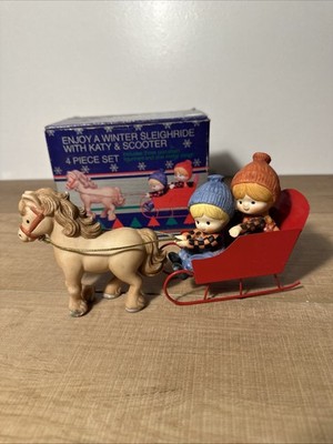 Vintage Enesco Country Cousins Winter Sleigh & Horse Katy & Scooter - Box