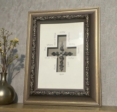 Framed Matted Shadow Box Cross Christian Wall Art Matthew 18:20 Scripture Gold