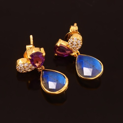 Labradorite &Amethyst Gold Plating Stud Earring , 925 Sterling Silver Earring - Picture 2 of 4