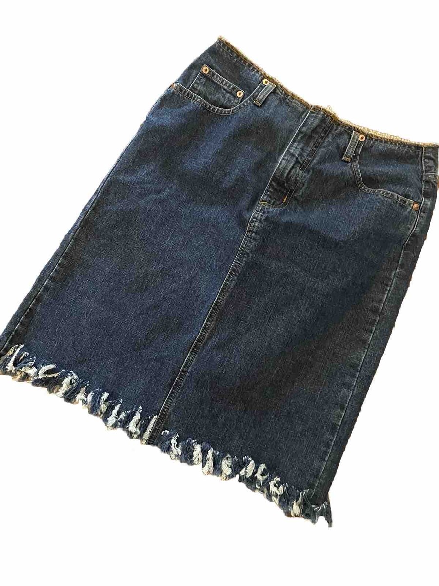 Emergency Exit Denim Skirt SZ Fringed Belt Loops Front Slit