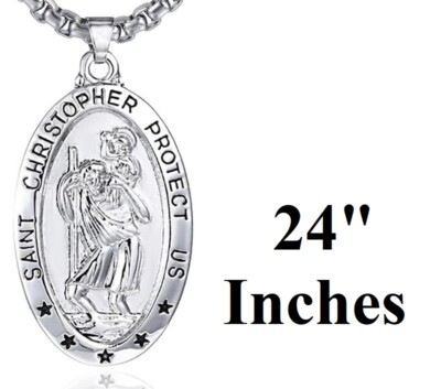 Mens Womens 20'' 24'' 30'' Silver Chain Oval St Saint Christopher Pendant Necklace