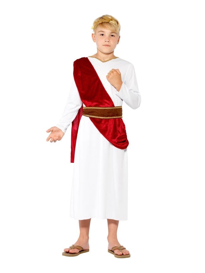 CEASER ROMAN TOGA CHILD JULIUS CAESAR THE GREAT GREEK GOD BOYS COSTUME WHITE RED - Image 4 of 4