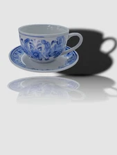 $177 Neiman Marcus White Blue 12 Piece 10 Ounce Hand Paint Cups & Saucers Set