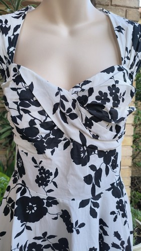 BELLE POQUE - Retro 50s Rockabilly White Full Swing Dress Black Floral Print L - Picture 3 of 12