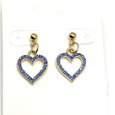 Valentine's Day Blue Rhinestone Hearts Gold Stainless Steel Dangle Post Earrings