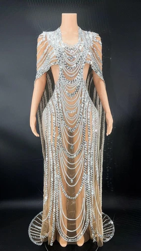Womens Sexy See Through Silver Sequined Long Dress Evening Prom Gown Stage Wear - Picture 25 of 32