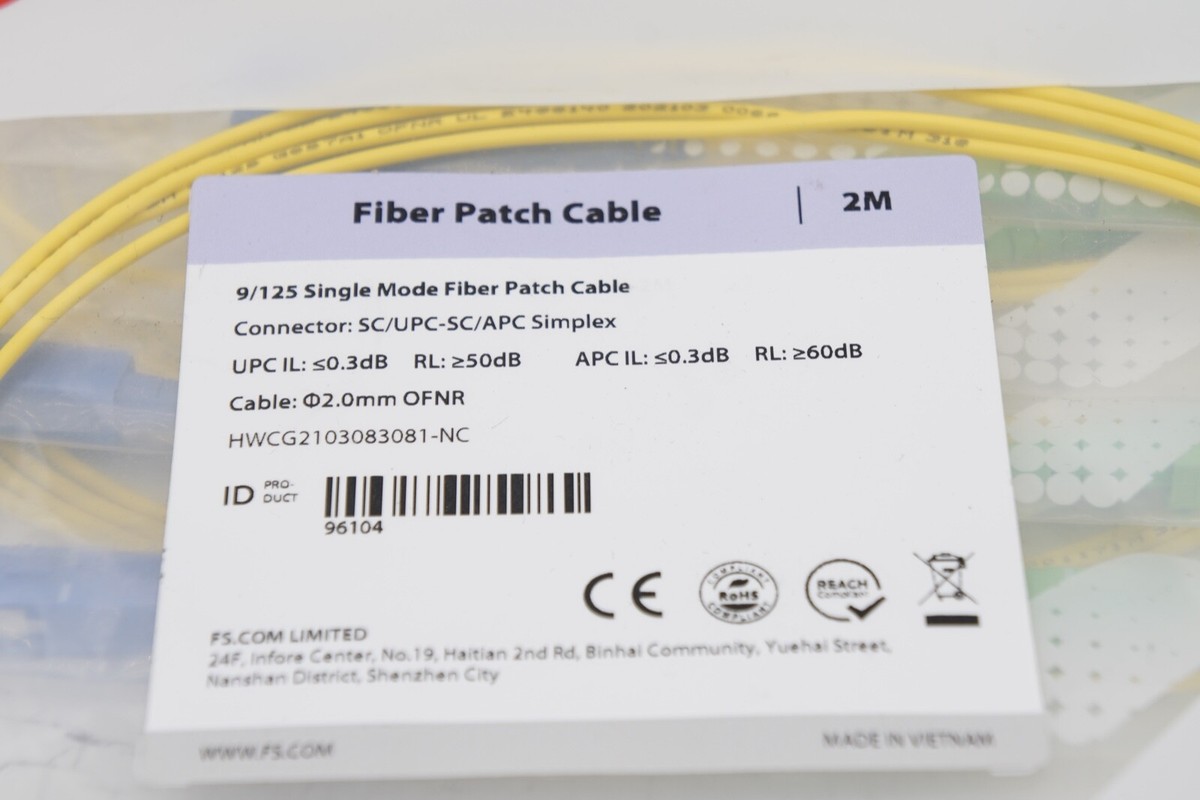 8 Pack 2m SC UPC - SC APC Simplex OS2 OFNR 2.0mm Fiber Optic Patch