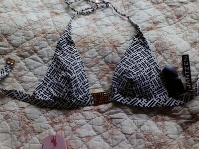 JANTZEN  Bikini Top  6 Black & White Geometric Print Halter Triangle GOLD $45
