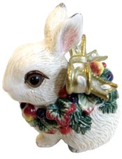 FITZ AND FLOYD CLASSIC~ CHRISTMAS 2PC CANDY BOX~ BUNNY WITH GOLD BOW~5 1/2" TALL