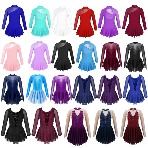 Girls Rhinestone Figure Ice Skating Dress Long Sleeves Dance Gymnastics Leotard