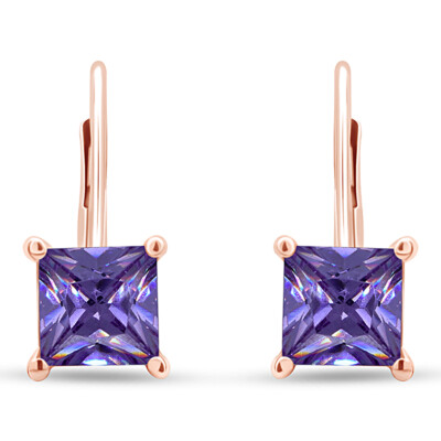 4 Ct Princess Simulated Amethyst Lever Back Drop Earrings 14K Gold Plated Silver
