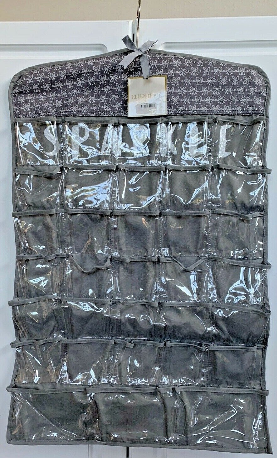 ELLEN TRACY HOME HANGING JEWELRY ORGANIZER 66 SECTIONS SPARKLE GREY NWT