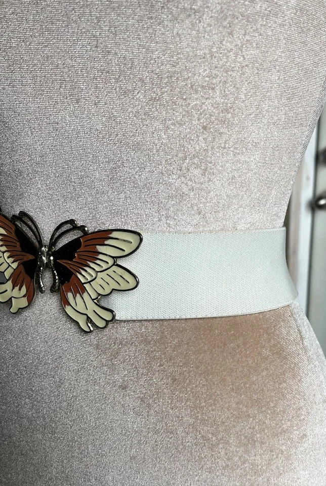 Cinturón Vintage Mariposa Declaración Crema Elástico Dorado Esmalte Cincha Fairycore Foto 3 de 4