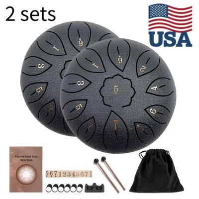 2pcs 6 Inch 11 Tone Handpan Steel Tongue Drum, Portable Lotus Pattern Empty Drum