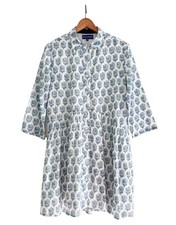 RO'S GARDEN Shirt Dress Cotton Block Print Button Down Blue White XS