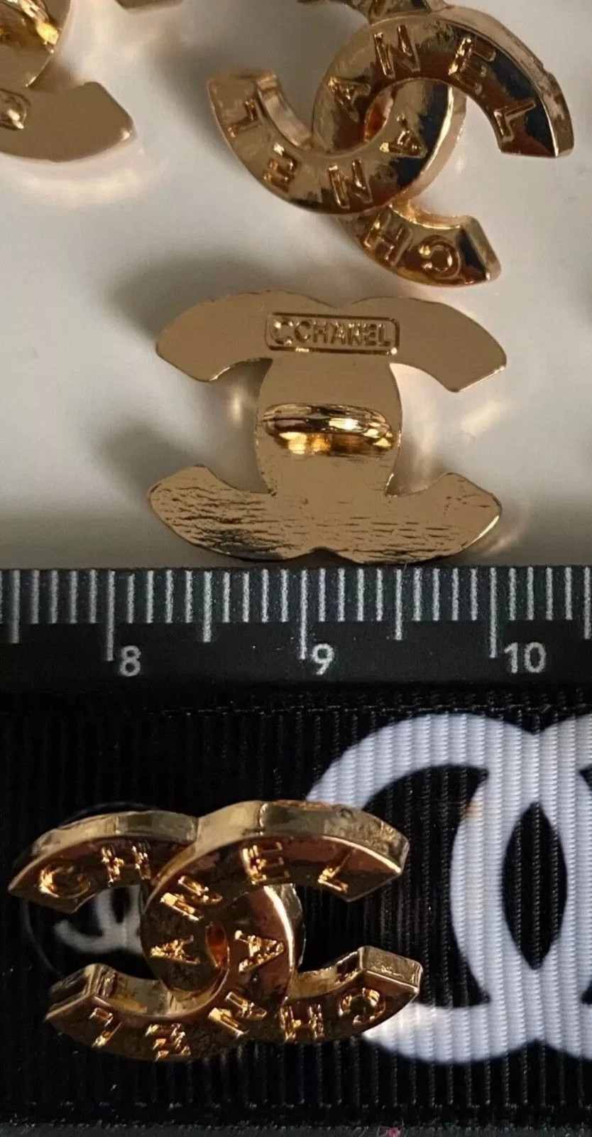 Gold Set 5 Buttons 18x15mm Chanel CC Coco Replacement Button Stamped thumbnail 2