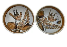 Hand Painted Artisan Tonala Talavera Pottery Bowls Bird Floral Signed Folk Art