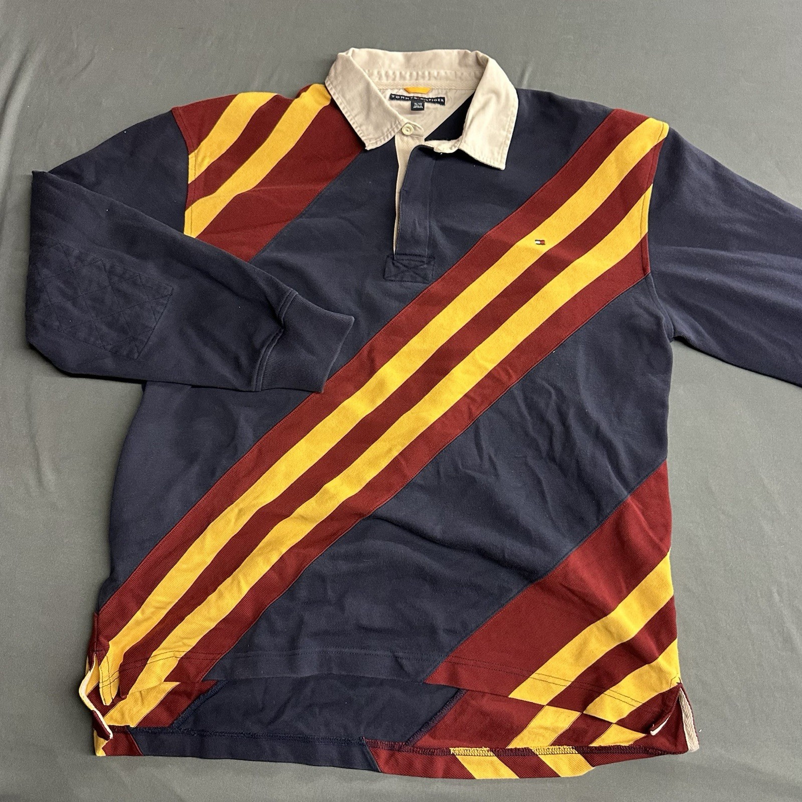 Tommy Hilfiger Shirt Mens XL Navy Yellow Striped Rugby Long Sleeve Vintage 2000s
