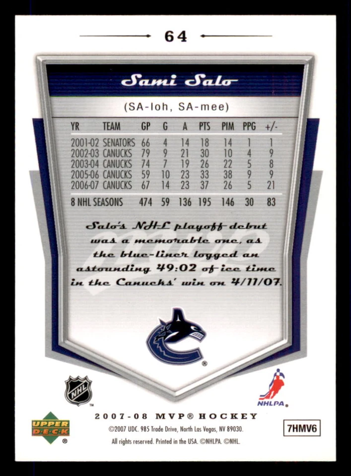 2007-08 Upper Deck MVP #64 Sami Salo Vancouver Canucks - Image 2 of 2