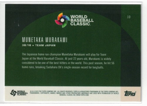 2023 Topps World Baseball Classic Global Stars RC Munetaka Murakami #10! Rookie! - Picture 2 of 2