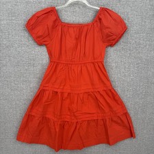 Quince Dress Womens 8 Red Organic Cotton Puff Sleeve Tiered Mini Cottage Nature