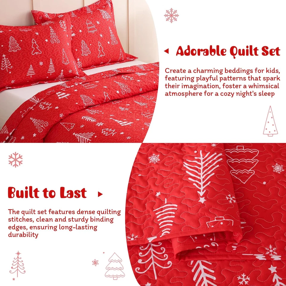 2 Pcs Kids Christmas Quilt Set Twin Size, Red Christmas Tree Bedding, Soft Micro - Image 4 of 4
