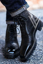 New Handmade Black Genuine Leather Cap Toe Ankle Lace Office Dress Boots For Men