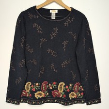 Talbots Womens Sweater M Black Paisley Floral Embroidery Long Sleeve Crew Neck