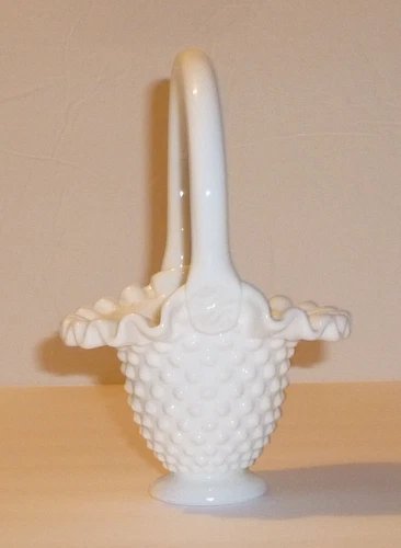 Vintage milk glass Hobnail basket Fenton 6.5" ruffled edge with handle