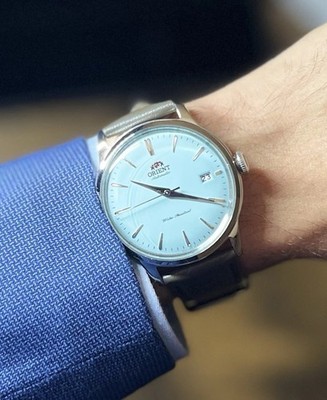 Orient Bambino Automatic Limited Edition Light Blue Dial Date Exhibition Back