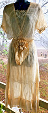 ANTIQUE!  OFF WHITE  DAINTY INTACT LACE V CUT OVERLAY DRESS  WITH SILK SASH