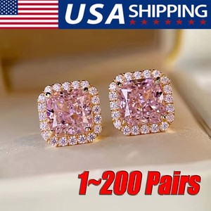 Authentic Exquisite 18k Gold Plated Pink Zircons Square Stud Earrings Base
