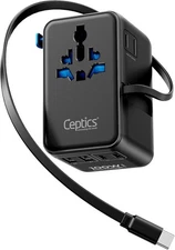 Ceptics GAN 100W Universal Travel Adapter with Retractable USB-C Cable, 2X USB-A