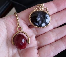 ❤❤ LOT of 2 Antique VICTORIAN Gold Filled Watch FOBS Pendants SPINNER Gemstones