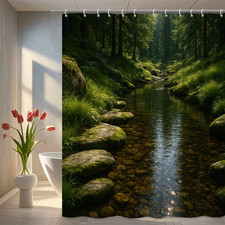 Nature Inspired Shower Curtain, Forest Stream Design, Waterproof Fabric