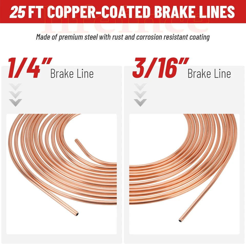 25 Ft 3/16 + 1/4 Copper-Coated Brake Line Kit With 32 Fitting and 4 Unions 8 Nut Foto 4 de 4