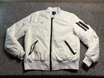 Young LA BOMBER Jacket Mens Large Ivory Nylon Full Zip OFF WHITE