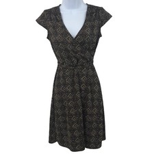 Loft Petites Faux Wrap Dress Womens Size 0P Brown Geometric Print Tied Waist