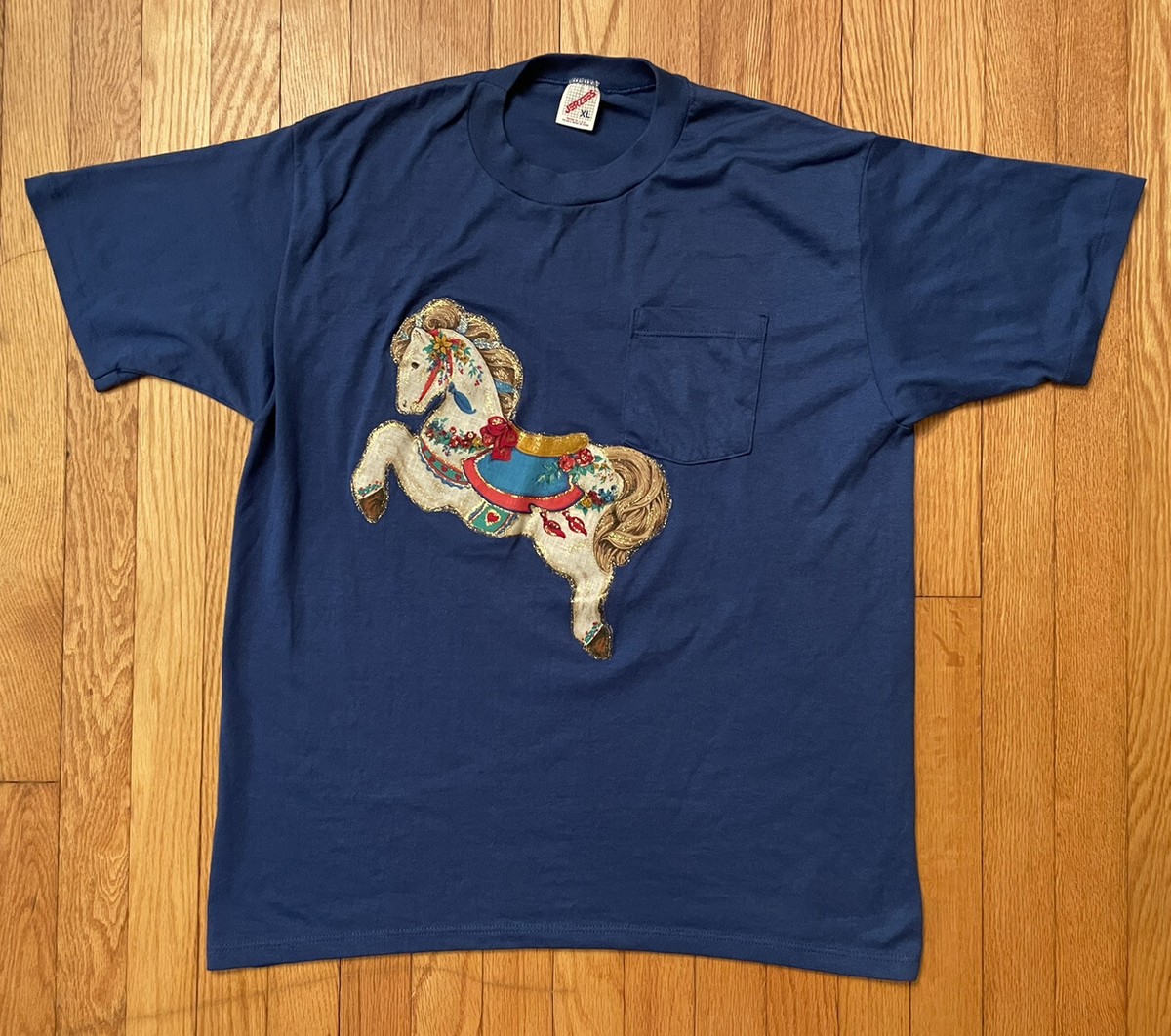 Vtg 90's Carousel Horse Glitter Single Stitch Pocket T-Shirt Size